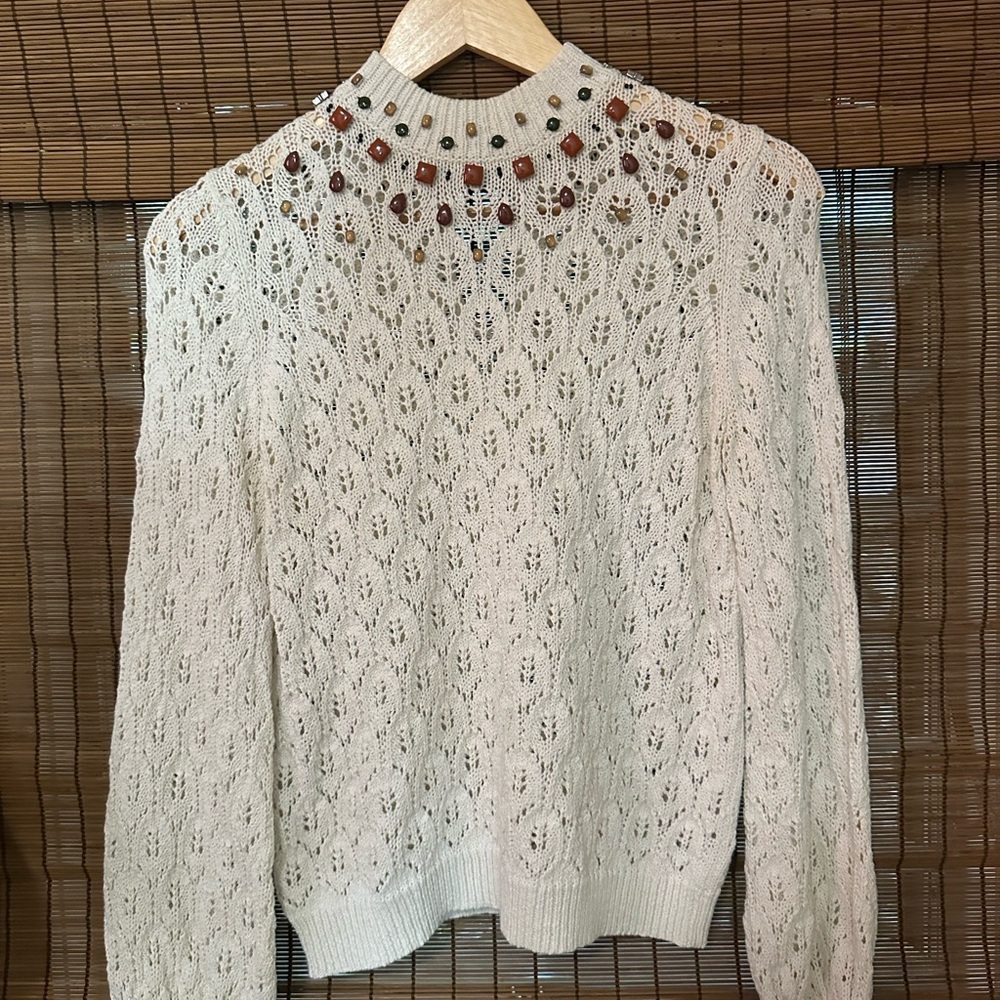Sezane Cotton Knit Jumper with Embellished Neckline.